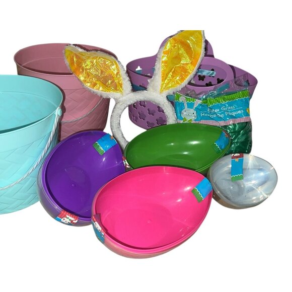 Easter Egg Hunt Kit W/ Baskets Plastic Eggs Bunny Ears & Green Easter Grass Fun - Picture 3 of 8